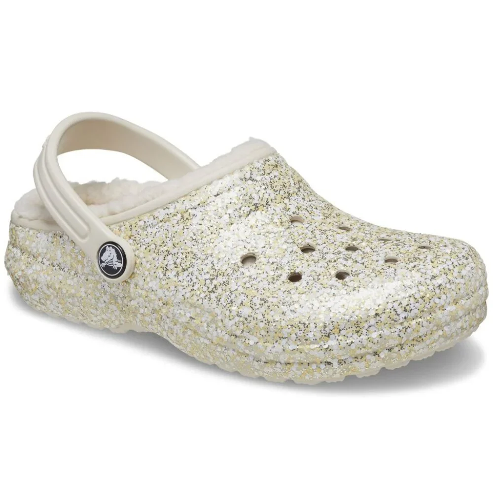 Crocs Girl's‎ White Stucco Classic Glitter Lined Slip-On Casual Clog Size 6